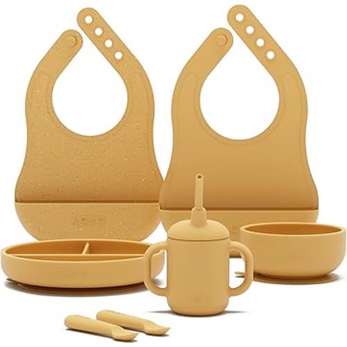 Lalo First Bites Silicone Baby Feeding Set - Baby Led Weaning Supplies - Non-Toxic Silicone - Includes 2 Bibs, 2 Spoons, Training Cup, Suction Plate and Bowl - 6 Pieces - Honey