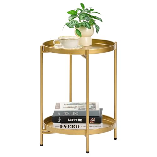 2-Tier Round End Side Table, Small Metal Side Table with Removable Tray, Folding Accent Tables for Living Room, Balcony, Nightstand for Bedroom, Outdoor Tables for Patio, Gold