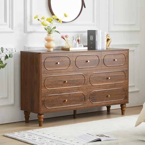 ORRD Fluted 7 Drawer Dresser for Bedroom, Mid Century Modern Chest of Drawers, Wood Storage Large Dresser Organizer for Bedroom Living Room Hallway Closet, Walnut