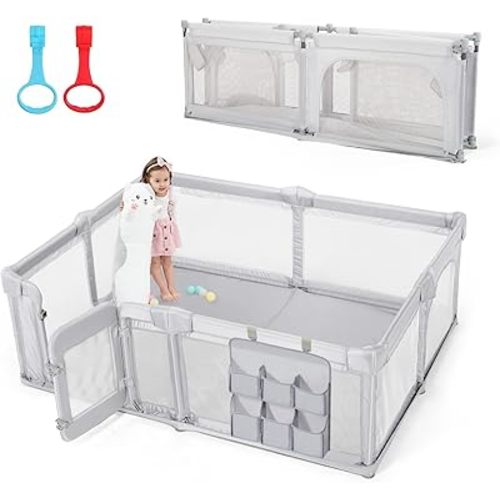Baby Playpen,79"x59" Foldable Playpen for Babies and Toddlers with Gate,Large Play Pens with Zipper Door,Baby Play Yards Play Area(Grey)