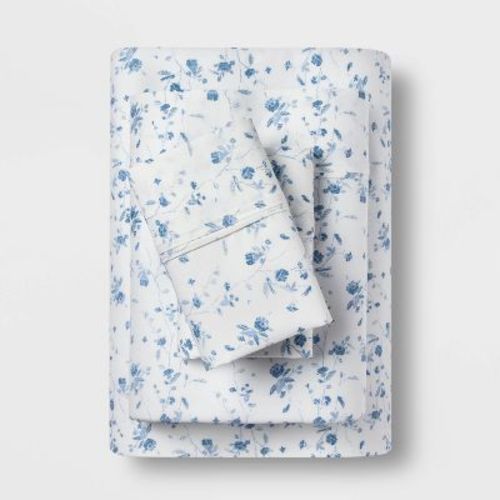 Queen Printed Performance 400 Thread Count Sheet Set White/Blue Floral - Threshold™: Cotton Sateen, Deep Pockets, OEKO-TEX Certified