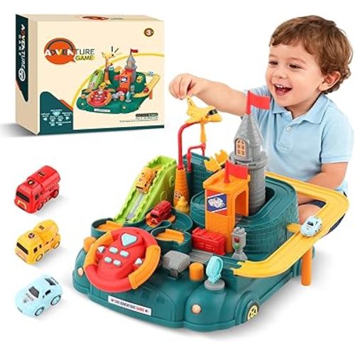 2026 Upgraded Car Adventure Toy for 3 4 5 6 Year Old Boys Girls, Race Track Toy with Steering Wheel & Sound, Montessori STEM Toys for Toddlers, Fine Motor Skills Birthday Gift for 3-5 Year Old Kids