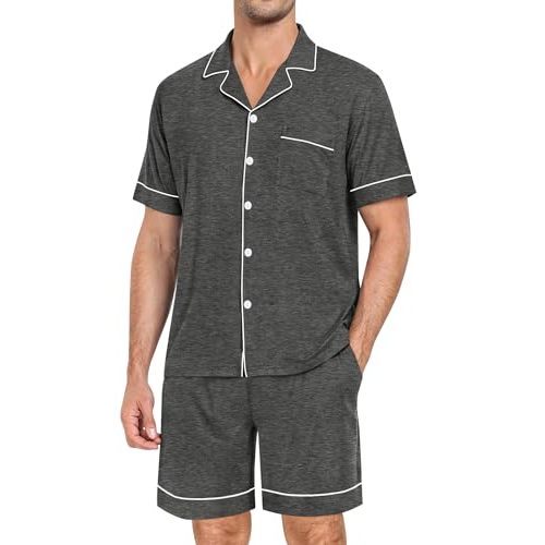 SWOMOG Mens Pajama Set Short Sleeve 2 PCS Sleepwear Button Down Soft Loungewear Modal Set Pj Set with Pockets S-3XL