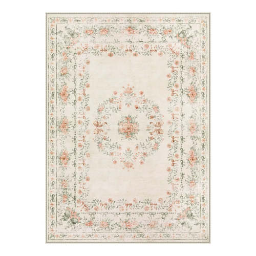 Eliane Washable Vintage Traditional Floral Beige Rug