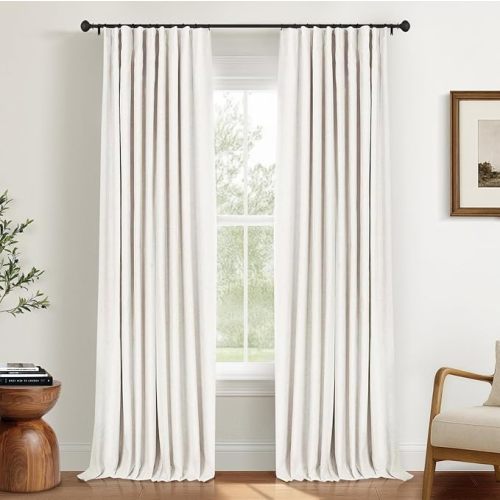 INOVADAY 100% Blackout Curtains for Bedroom, Black Out Curtains 90 Inch Long, Clip Rings Linen Blackout Drapes, Thermal Insulated Room Darkening for Living Room, 2 Panels - Beige,W50xL90