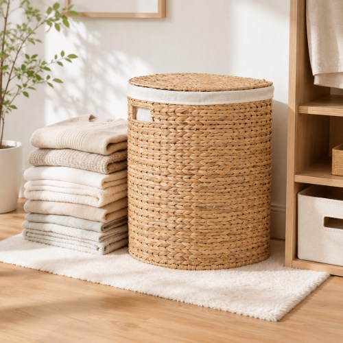 LauKingdom Water Hyacinth Laundry Hamper, Oval Woven Storage Basket with Breathable Design, Lightweight Clothes Basket for Bedroom, Bathroom, 16.9" x 13.8" x 20.5", Natural