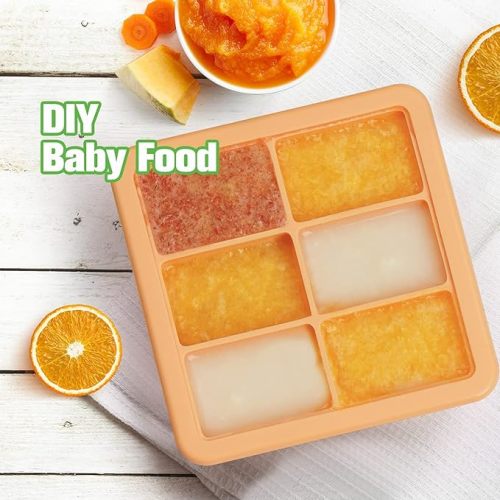 haakaa Silicone Baby Food Ice Cube Freezer Tray with Clip-on Lid, Reusable Baby Food Puree Storage Container, Pop Out 6 x 2.4 oz Portion Silicone Freezing Food Trays, Apricot