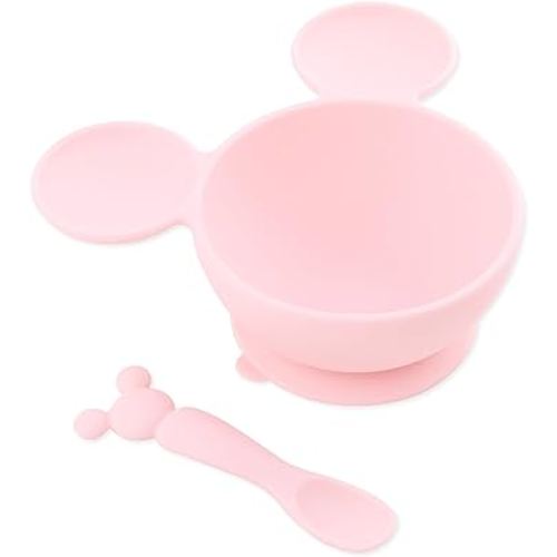 Bumkins Disney Baby Bowl, Silicone Feeding Set with Suction for Baby and Toddler, Includes Spoon and Lid, Essentials for Baby Led Weaning,for Babies 4 Months, Minnie Mouse Light Pink