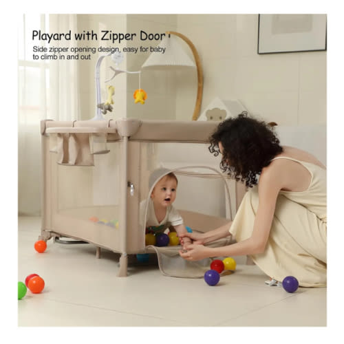 5 in 1 Pack and Play, Play yard with Changing Table, Foldable Travel Playard for Newborn to Toddles (Beige)