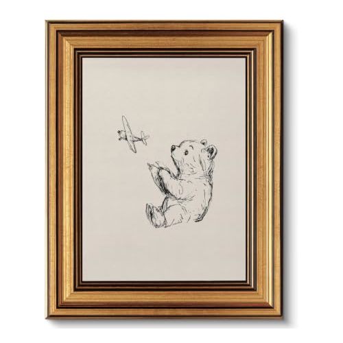 Ptslan Gold Framed Wall Art, Vintage Airplane Nursery Decor, Teddy Bear Canvas Prints for Baby Boy Room (9x11Inch)