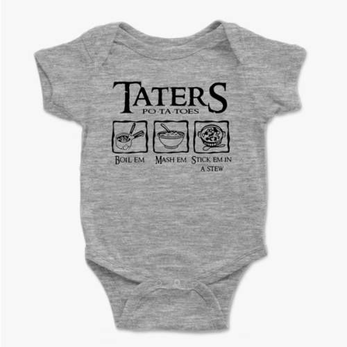 Taters Onesie® - Boil Em Mash Em Stick Em In A Stew - 100% Cotton - Available in White, Heather Gray or Pink (0-3 Month, Heather Gray)