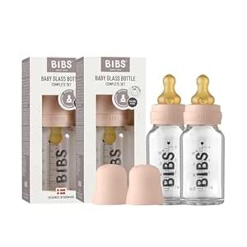 Bibs Baby Glass Bottle | Anti-Colic Borosilicate Glass Bottles | Natural Vented Round Natural Rubber Latex Nipple | Consistent Flow Rate | 3.7 oz/110 ml | 2 Pack | Blush