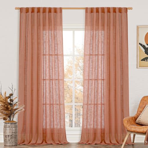 LAMIT Extra Wide Linen Curtains for Bedroom, Terracotta Light Filtering Faux Linen Textured Panels Semi Sheer Back Tab and Rod Pocket Boho Drapes for Living Room, 2 Panels, 60 x 84 Inch