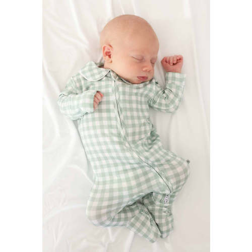 Peter Pan Collar Zipper Footie in Moss Gingham | Caden Lane