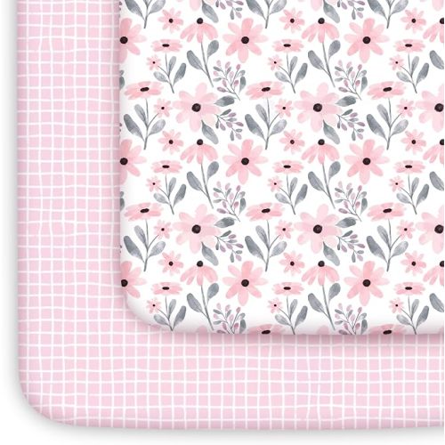 Yoofoss 2-Pack Pack and Play Sheets Fitted 38x26 (Gingham+Pink)