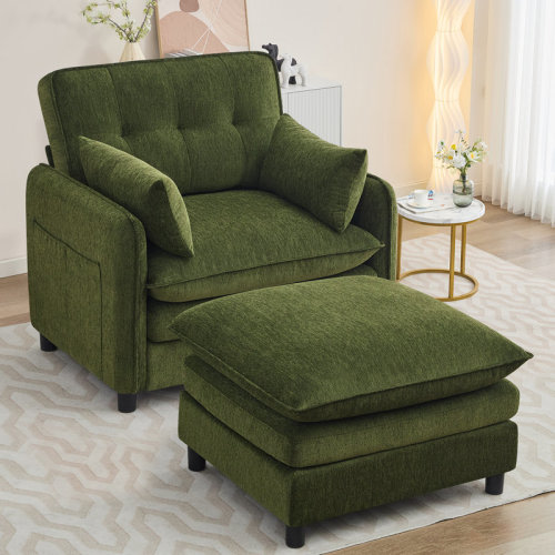 Latitude Run® Bozkov 41''W Chenille Oversized Accent Chair with Ottoman, Oversized Lounge Armchair With 2 Pillows and Tufted Backrest | Wayfair