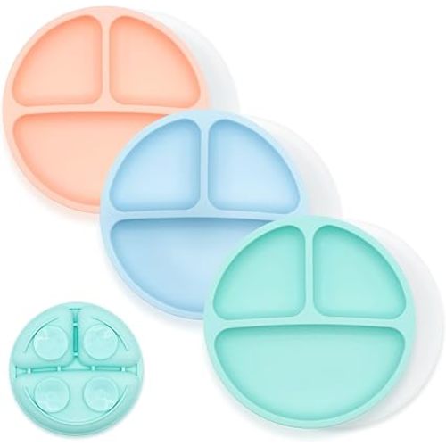 WeeSprout Suction Plates for Babies With Lids & Toddlers - 100% Silicone, Dinnerware Stays Put, Divided Design for Picky Eaters, Microwave & Dishwasher Friendly, 3 Pack