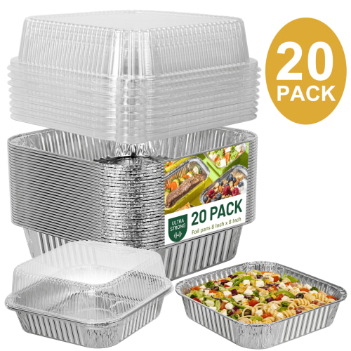 GPED Aluminum Pans with Clear Plastic Lids-20 Pack, 8x8 INCH Square Baking Cake Pans,Heavy Duty Foil Pans with Clear Plastic Lids for Cooking, Meal Prep, Storage & Takeout