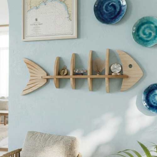 Natural Wood Fishbone Wall Shelf, Nautical Coastal Bathroom Organizer