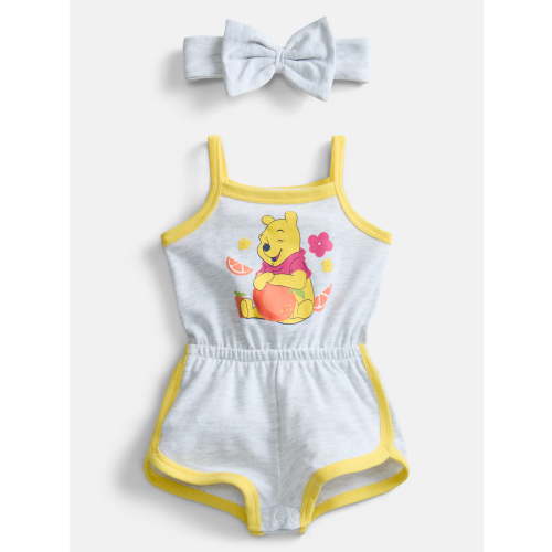 Winnie the Pooh Baby Girls Sleeveless Graphic Romper with Matching Bow Headband, Sizes 0/3M-24M