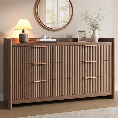 Decofy 6 Drawer Dresser for Bedroom, Fluted Dressers with Rounded Edge & Raised Lip Top, Anti-Tip Chest of Drawers for Living Room, Hallway, Entryway, Walnut