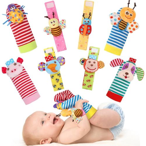 Wrist Rattles Foot Finder Rattle Sock Baby Toy, Rattle Toy, Arm Hand Bracelet Rattle, Feet Leg Ankle Socks, Activity Rattle Present Gift for Newborn Infant Babies Boy Girl Bebe (8 pcs-A)