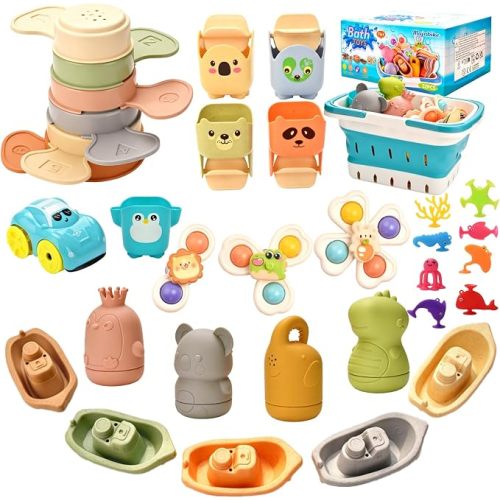 Baby Bath Toys, Pool Toys, Suitable for Children and Toddlers, 6-in-1 Set Including Floating Boat, Bath Spoon and Spinner Cup, Pool and Water Table Toys, Water Toys, Baby Gift.