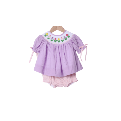 Smocked Tulips Lavender Swiss Dot Bloomer Set