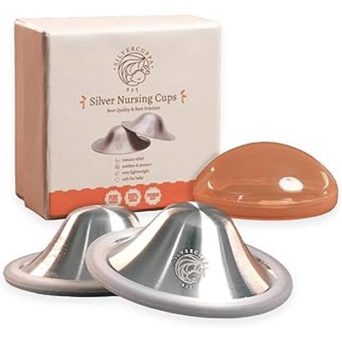 925 Silver Nipple Cups for Breastfeeding with Silicone Rings - Newborn Silver Nipple Shields, Postpartum Essentials & Nipple Covers for Nursing Mothers - Regular