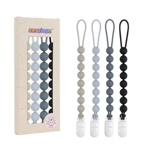 One Piece Design Silicone Pacifier Clip Holder for Baby Boys and Girls,Flexible Pacifier Leashes,Soft Teether Clip for Newborns,4-Pack. (Gray)