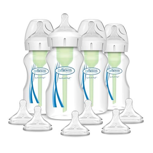 Dr. Brown's Options+ Wide-Neck Anti-Colic Baby Bottle - 9oz - 4pk and Options+ Wide-Neck Baby Bottle Nipple, Level 2 (3 Months+), 6 Count