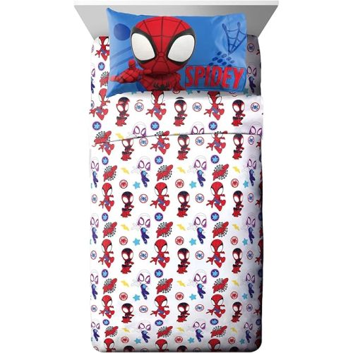 Jay Franco Kids Sheet Set with Fitted, Flat Sheets & Pillow Cover - Ultra-Soft Bedding with Pillowcase for Room Decor, White - Spidey & Friends, 4 Piece Full