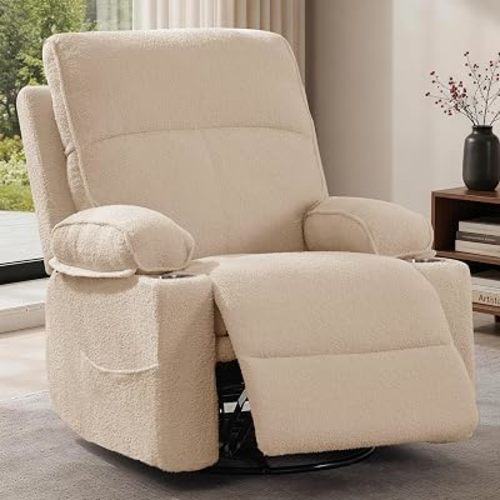 Korser 360° Swivel Rocker Recliner Chair, Nursery Glider Rocking Chair with Cup Holders, Small Recliners for Small Spaces, Upholstered Manual Reclining Chair for Living Room, Bedroom(Sherpa, Khaki)