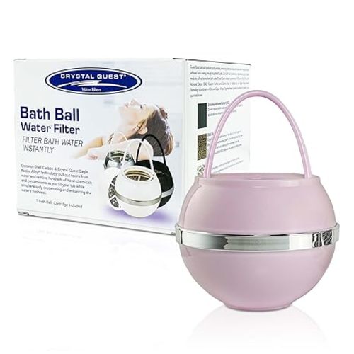 Crystal Quest Bath Ball Water Filter for Bathtub - 3-Stage Filtration, Removes Chlorine, Chloramine & Byproducts, 2,500 Gallons, BPA Free, pH Balanced Water, Fits Most Tubs, Easy Install - Pink