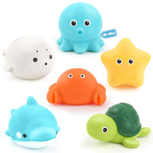 Bath Toys 6 PCS No Hole Baby Bathtub Toys Toddler Bath Toy for Kids 1-3 | Squeezable, Easy-Grip