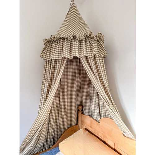 Gingham Bed Canopy: Farmhouse Dusty Green Check, Ruffle Fringe