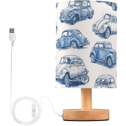 Blue Vintage Cars Bedside Lamp LED Table Lamp Desk Lamp Nightstand Lamp for Bedroom Home Dorm Nursery Linen Lampshade