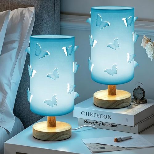 3D Butterfly Lamp,Cute Table Lamp with Wood Base for Girls Bedroom(White*2)