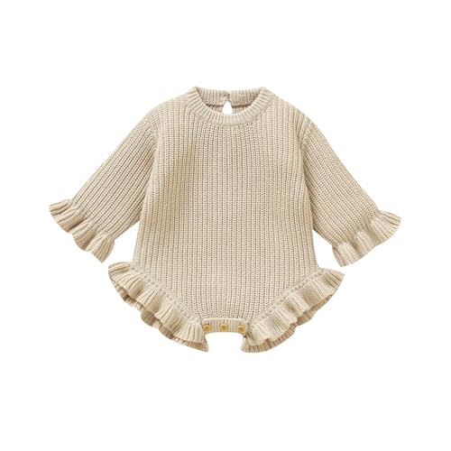 Cotton Baby Girl Knit Sweater Ruffle Romper | Crew Neck Pullover Outfit for Infant Girl, Jumpsuit for Newborn Comming Home Gift