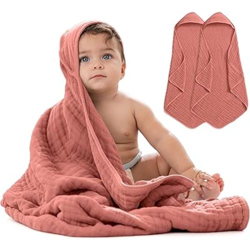 Comfy Cubs Hooded Baby Towel 2-Pack, Large 32 x 32 Inch - 6 Layer 100% Muslin Cotton for Babies, Toddlers and Kids - Soft & Absorbent Baby Bath Towels - Unisex Design for Bath Time - Dusty Rose