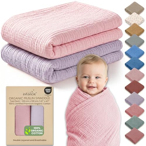 100% Organic Cotton Muslin Baby Blanket - 47 x 47 Inch Breathable Baby Swaddle Blanket, Hypoallergenic Double-Layer, Soft Newborn Baby Blanket for Everyday Use (Light Pink/Light Purple)