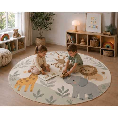 Safari Animals Round Wool Rug, Jungle Nursery Hand Tufted Carpet
