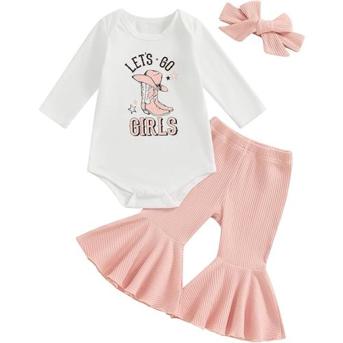 SAYOO Baby Girls Western Outfits Let's Go Girls Letter Print Retro Romper Ribbed Flared Pants Cowgirls Country Fall Clothes