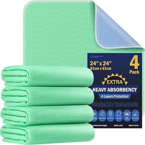 4 Pack 24” x 24” Extra Heavy Absorbency Washable Underpads, Waterproof Nursing Pads Incontinence Bed Pads, Reusable Washable Pee Pads for Dogs, Diaper Changing & Adults, Washable Puppy Pads