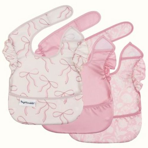 Tiny Twinkle Mess-Proof Baby Bibs | Waterproof, Wipeable Toddler Bibs with Catch-All Pocket | Feeding Bibs for Girls & Boys (3pk - Toile and Bows)