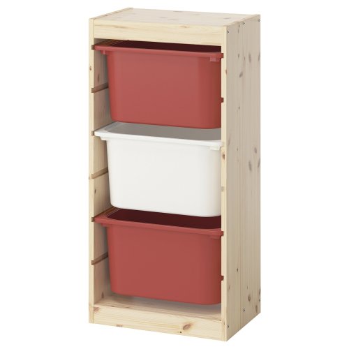TROFAST Storage combination with boxes - light white stained pine/red white 17 3/8x11 3/4x35 7/8 "