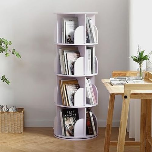 Rotating Bookshelf Tower, 360 Display Spinning Bookshelf, PVC Narrow Book Shelf Organizer, Corner Floor Standing Bookcase for Bedroom, Living Room, Study Room, Small Space (4 Tier)