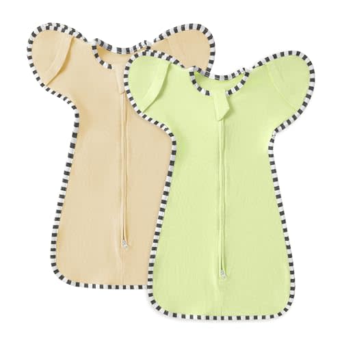 Soft Cotton Swaddle Blanket, Arms Up Baby Sleep Transitional Swaddle Sack Wearable Sleeping Bag for Boy Girl (Light Khaki + Light Green, M(3-6 Months))