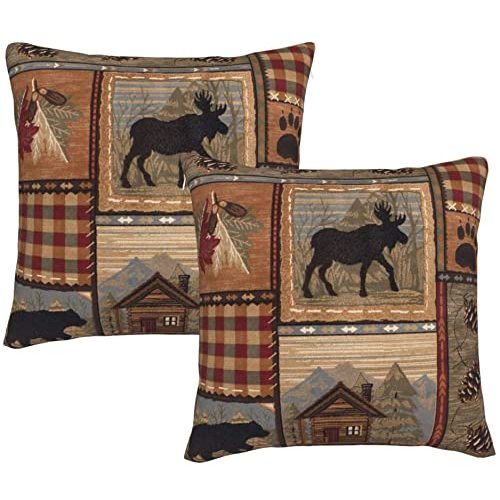 Set of 2 Square18x18 inch Retro Brown Throw PillowCovers Rustic Lodge Bear Moose Decorative Throw Pillowcase for Home Sofa Soft Velvet Cushion Cases (45x45 cm) House Cabin Pine Nut