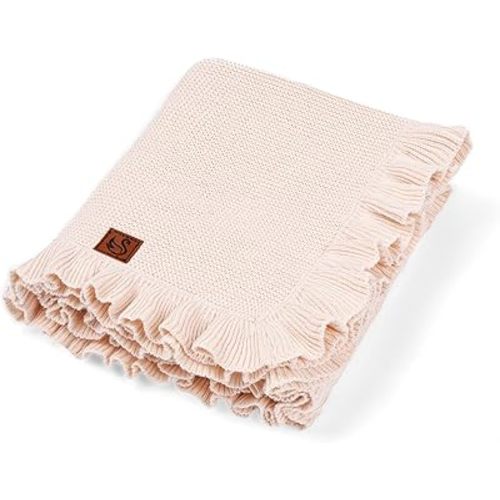 Ruffle Knit Blanket for Baby - 100% Luxury Soft Cotton Knit Warm Cozy Cuddle Stroller Crib Blanket for Newborns, Infants, & Toddlers (Beige)